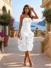 Satin Strapless Mermaid Tea-Length Cocktail Dresses with Tiered Ruffle
