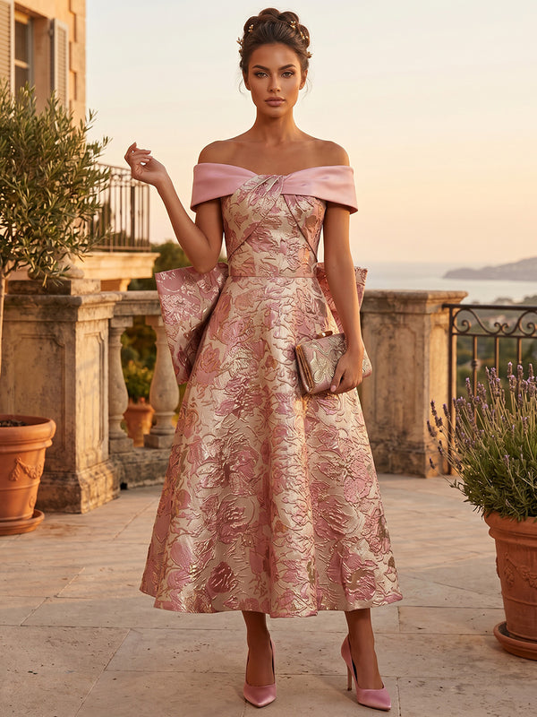 Jacquard A-Line/Princess Off Shoulder Tea-Length Cocktail Dresses with Bow