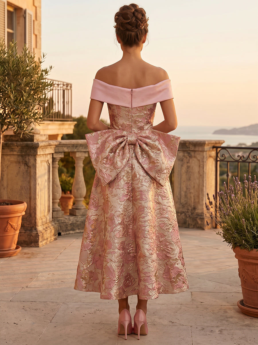 Jacquard A-Line/Princess Off Shoulder Tea-Length Cocktail Dresses with Bow
