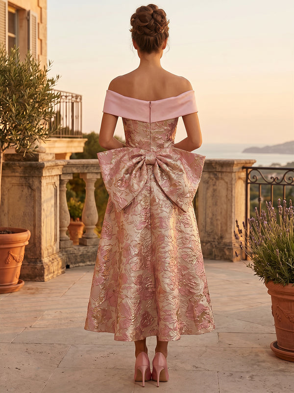 Jacquard A-Line/Princess Off Shoulder Tea-Length Cocktail Dresses with Bow