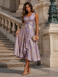 Jacquard A-Line/Princess V-Neck Tea-Length Cocktail Dresses with Ruffles & Ruched Waist