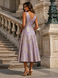 Jacquard A-Line/Princess V-Neck Tea-Length Cocktail Dresses with Ruffles & Ruched Waist