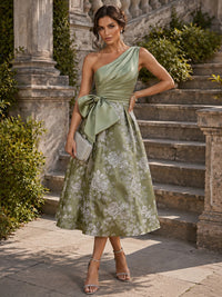 Jacquard A-Line/Princess One Shoulder Tea-Length Cocktail Dresses with Ruched Satin Bodice & Bow