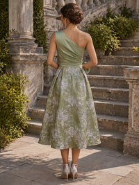 Jacquard A-Line/Princess One Shoulder Tea-Length Cocktail Dresses with Ruched Satin Bodice & Bow