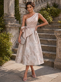 Jacquard A-Line/Princess One Shoulder Tea-Length Cocktail Dresses with Ruched Satin Bodice & Bow