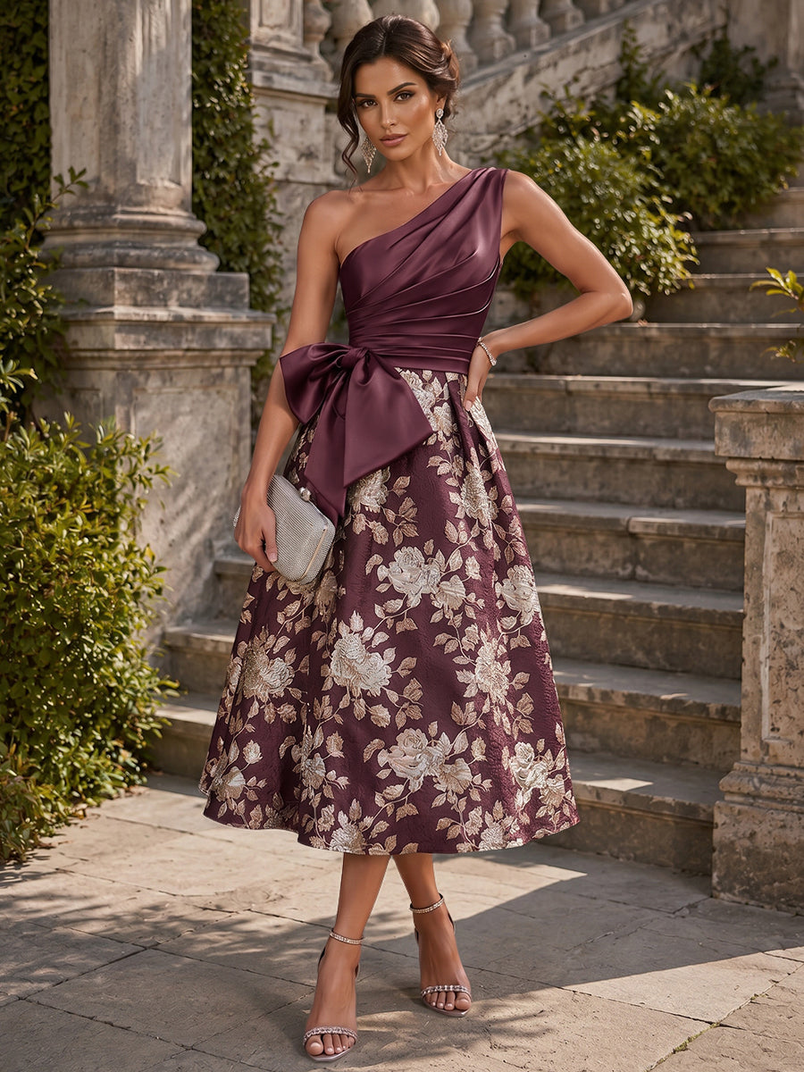 Jacquard A-Line/Princess One Shoulder Tea-Length Cocktail Dresses with Ruched Satin Bodice & Bow