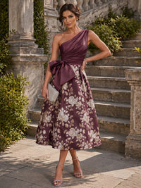 Jacquard A-Line/Princess One Shoulder Tea-Length Cocktail Dresses with Ruched Satin Bodice & Bow