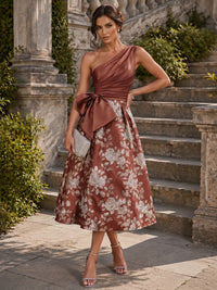 Jacquard A-Line/Princess One Shoulder Tea-Length Cocktail Dresses with Ruched Satin Bodice & Bow