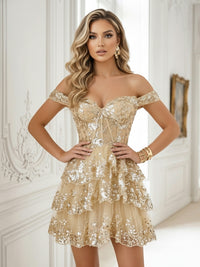 Tulle A-Line/Princess Off Shoulder Short Homecoming Dresses with Sequin Floral