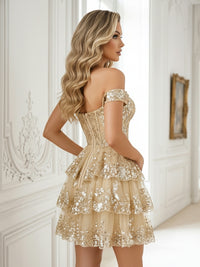 Tulle A-Line/Princess Off Shoulder Short Homecoming Dresses with Sequin Floral
