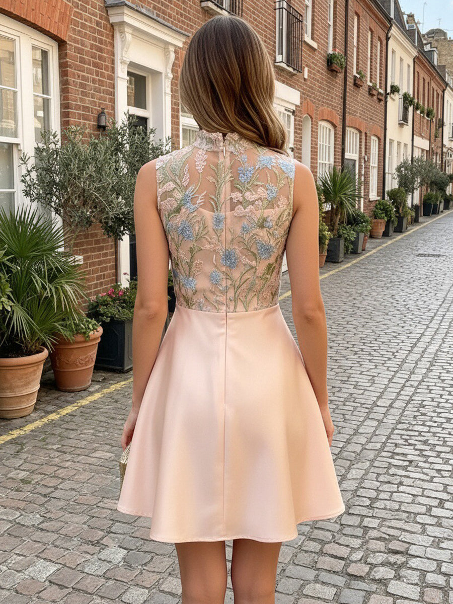 Satin A-Line/Princess Illusion Short Cocktail Dresses with Lace Embroidery Bodice