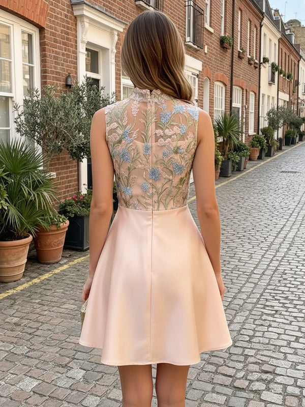 Satin A-Line/Princess Illusion Short Cocktail Dresses with Lace Embroidery Bodice