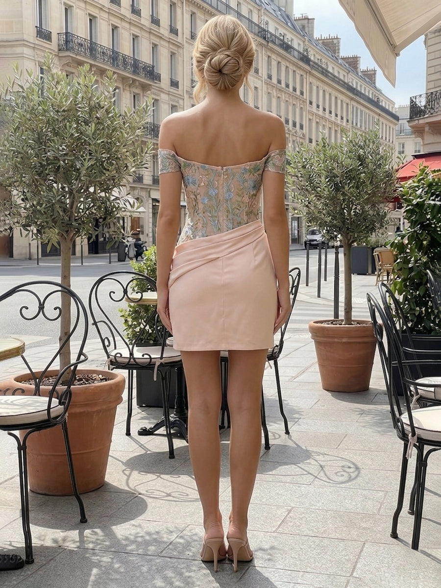Satin Bodycon Off Shoulder Short Cocktail Dresses with Lace Embroidery Bodice & Ruched Waist
