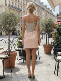 Satin Bodycon Off Shoulder Short Cocktail Dresses with Lace Embroidery Bodice & Ruched Waist