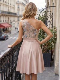 Satin A-Line/Princess One Shoulder Short Cocktail Dresses with Lace Embroidery Bodice