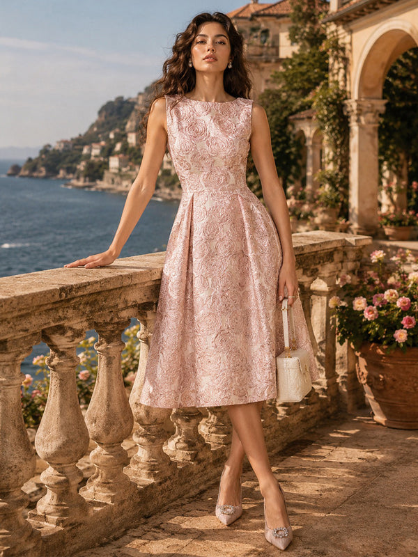 Jacquard A-Line/Princess Scoop Neck Midi-Length Cocktail Dresses with Ruched Waist