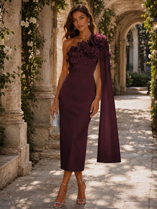 Satin Sheath/Column One Shoulder Tea-Length Cocktail Dresses with 3D Flowers