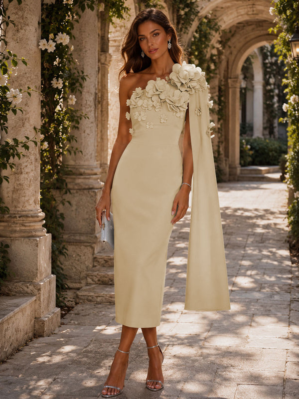 Satin Sheath/Column One Shoulder Tea-Length Cocktail Dresses with 3D Flowers