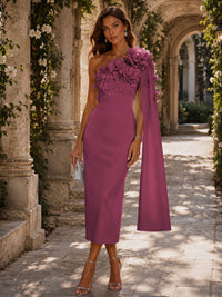 Satin Sheath/Column One Shoulder Tea-Length Cocktail Dresses with 3D Flowers