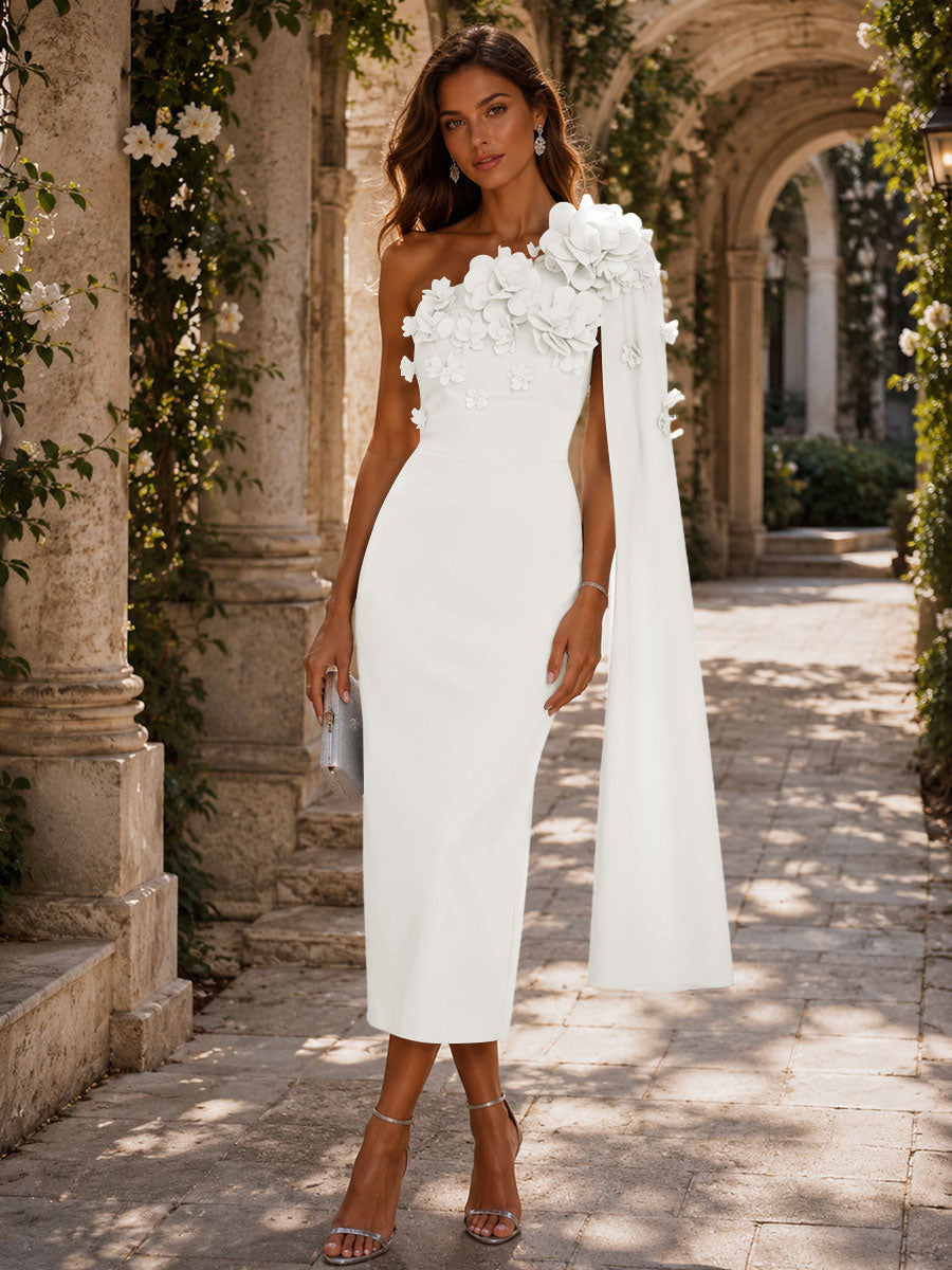 Satin Sheath/Column One Shoulder Tea-Length Cocktail Dresses with 3D Flowers