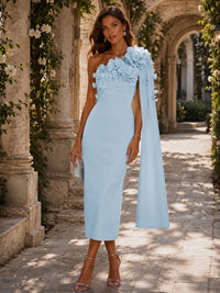 Satin Sheath/Column One Shoulder Tea-Length Cocktail Dresses with 3D Flowers