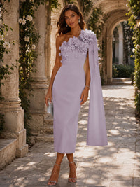 Satin Sheath/Column One Shoulder Tea-Length Cocktail Dresses with 3D Flowers