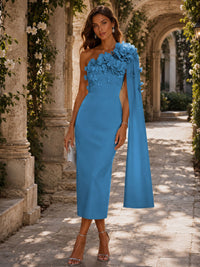 Satin Sheath/Column One Shoulder Tea-Length Cocktail Dresses with 3D Flowers
