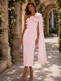 Satin Sheath/Column One Shoulder Tea-Length Cocktail Dresses with 3D Flowers
