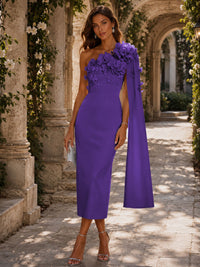 Satin Sheath/Column One Shoulder Tea-Length Cocktail Dresses with 3D Flowers
