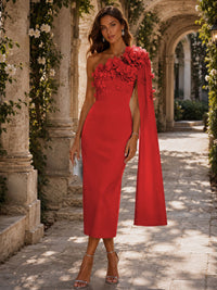 Satin Sheath/Column One Shoulder Tea-Length Cocktail Dresses with 3D Flowers