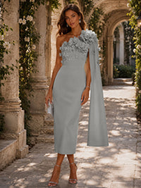 Satin Sheath/Column One Shoulder Tea-Length Cocktail Dresses with 3D Flowers