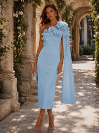 Satin Sheath/Column One Shoulder Tea-Length Cocktail Dresses with 3D Flowers