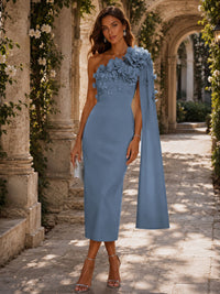 Satin Sheath/Column One Shoulder Tea-Length Cocktail Dresses with 3D Flowers