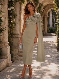 Satin Sheath/Column One Shoulder Tea-Length Cocktail Dresses with 3D Flowers