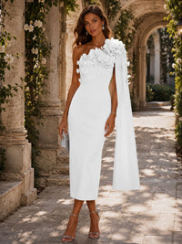 Satin Sheath/Column One Shoulder Tea-Length Cocktail Dresses with 3D Flowers