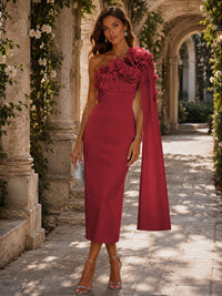 Satin Sheath/Column One Shoulder Tea-Length Cocktail Dresses with 3D Flowers