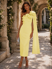 Satin Sheath/Column One Shoulder Tea-Length Cocktail Dresses with 3D Flowers