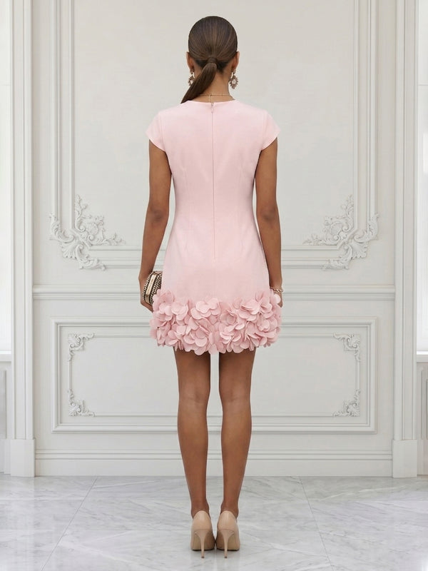 Satin Bodycon Scoop Neck Short Cocktail Dresses with 3D Flowers