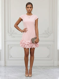 Satin Bodycon Scoop Neck Short Cocktail Dresses with 3D Flowers