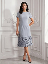 Satin Sheath/Column Scoop Neck Midi-Length Cocktail Dresses with 3D Flowers