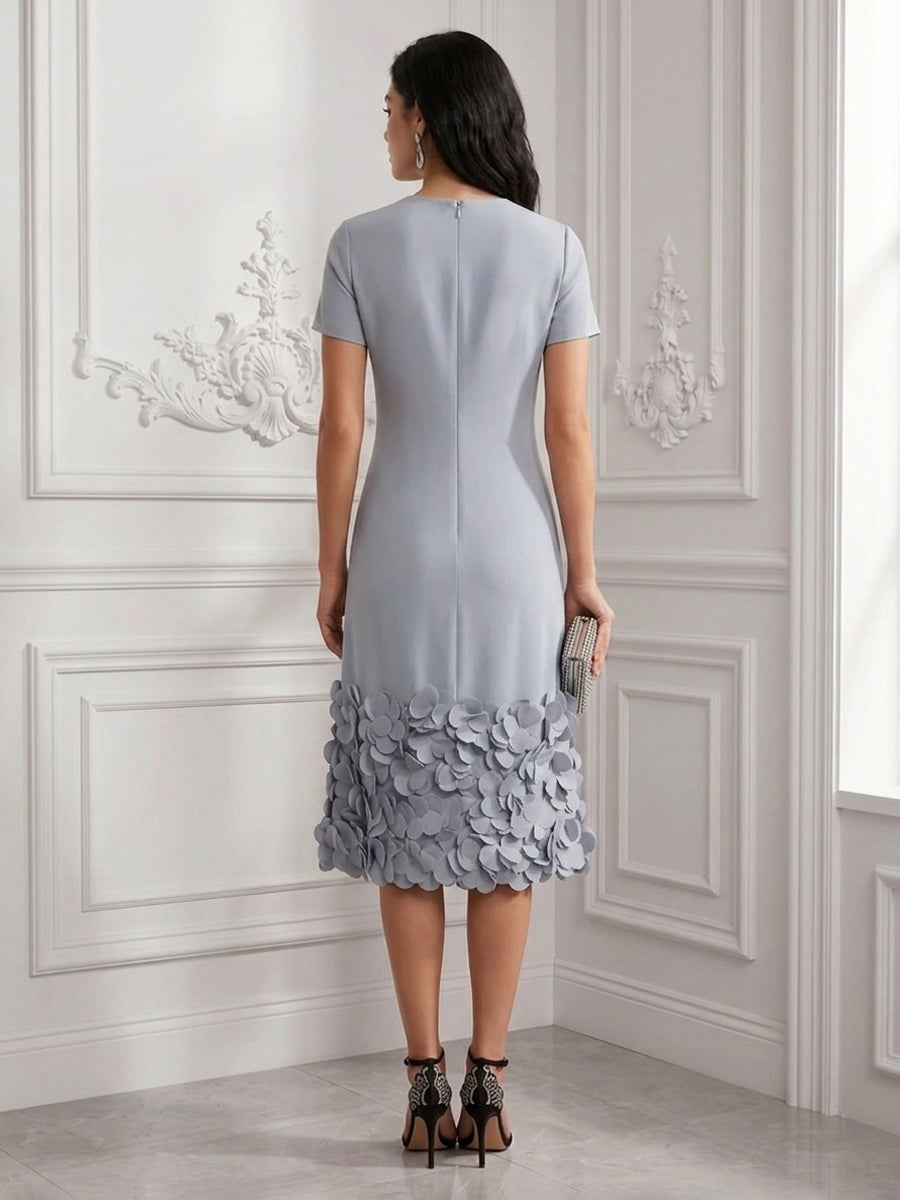 Satin Sheath/Column Scoop Neck Midi-Length Cocktail Dresses with 3D Flowers