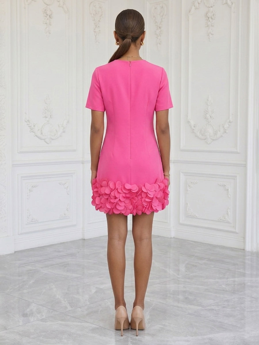 Satin Bodycon Scoop Neck Short Cocktail Dresses with 3D Flowers