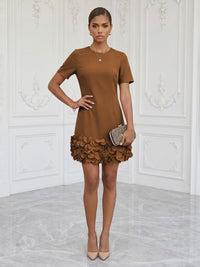 Satin Bodycon Scoop Neck Short Cocktail Dresses with 3D Flowers