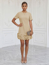 Satin Bodycon Scoop Neck Short Cocktail Dresses with 3D Flowers