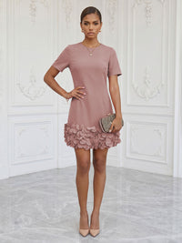 Satin Bodycon Scoop Neck Short Cocktail Dresses with 3D Flowers