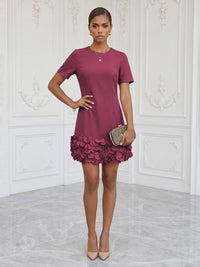 Satin Bodycon Scoop Neck Short Cocktail Dresses with 3D Flowers