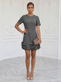 Satin Bodycon Scoop Neck Short Cocktail Dresses with 3D Flowers