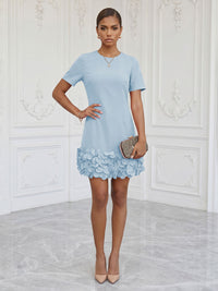Satin Bodycon Scoop Neck Short Cocktail Dresses with 3D Flowers