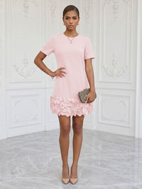 Satin Bodycon Scoop Neck Short Cocktail Dresses with 3D Flowers
