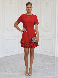 Satin Bodycon Scoop Neck Short Cocktail Dresses with 3D Flowers